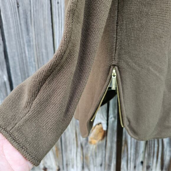 Brown Side Zip Sweater MMK Size Large Hi Low Round Hem Knit Top L Michael Kors - Picture 7 of 9